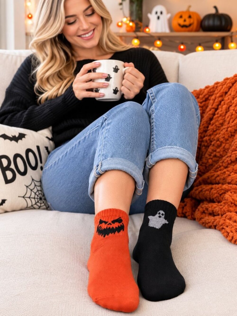 Womens Crew Socks Set 2 Halloween Jack-o-Lantern Face Ghost Orange Black White